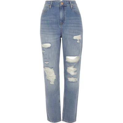 Mid blue wash ripped Mom jeans - Mom Jeans - Jeans - women