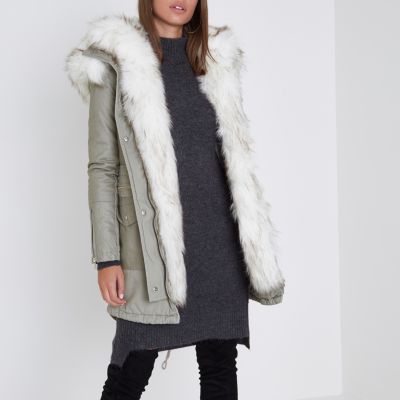 Stone faux fur trim parka