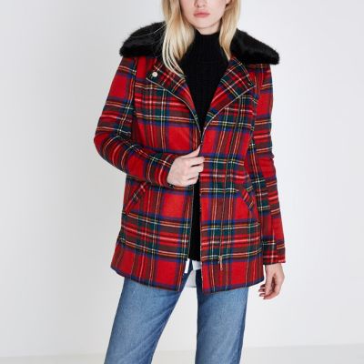 Red tartan check biker faux fur collar coat