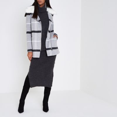 Grey check faux fur collar biker coat