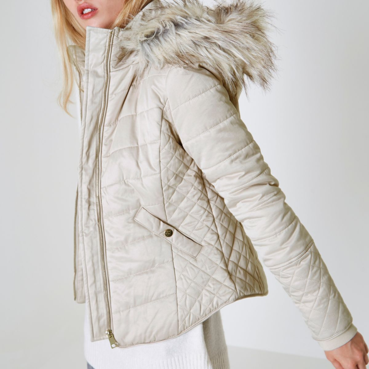 Cream Quilted Faux Fur Trim Puffer Jacket Jackets Coats And Jackets Women 