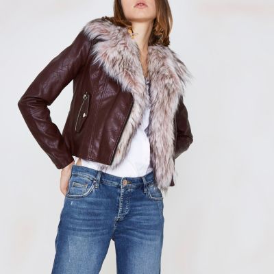 Burgundy faux fur trim biker jacket