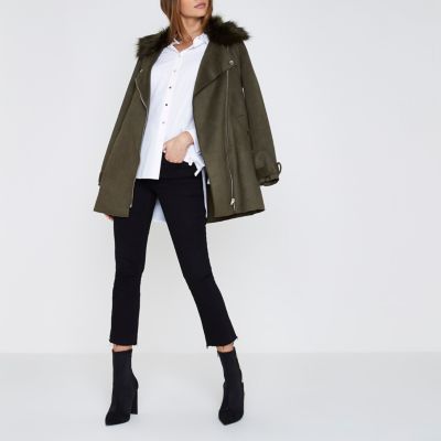 Khaki faux fur trim biker collar swing coat