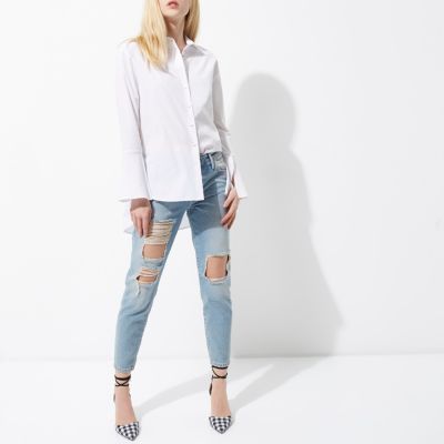 Mid blue ripped boyfriend jeans