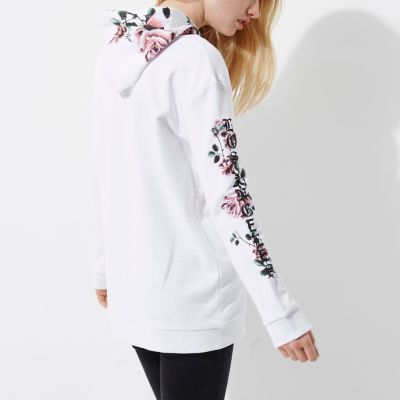 white casual floral printed long sleeve hoodie sweatshirt