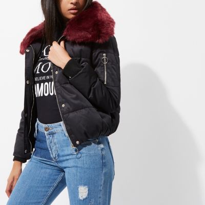 Black faux fur trim puffer jacket