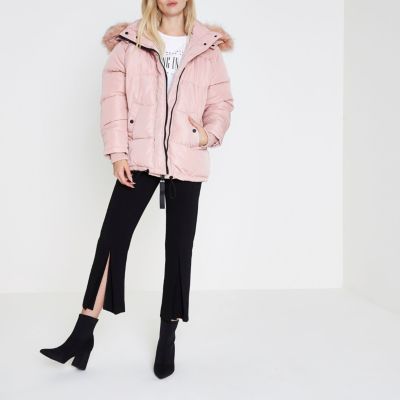 Pink faux fur hood oversized puffer jacket