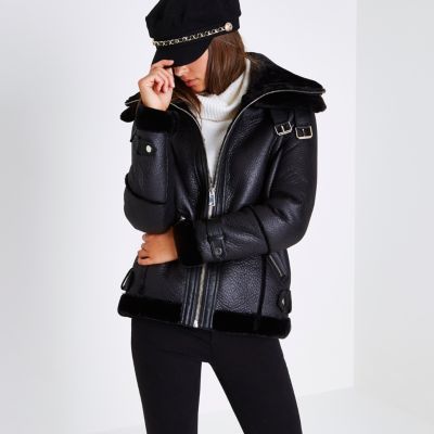 Black faux leather aviator jacket