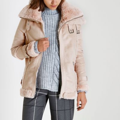 Pink faux fur trim aviator jacket