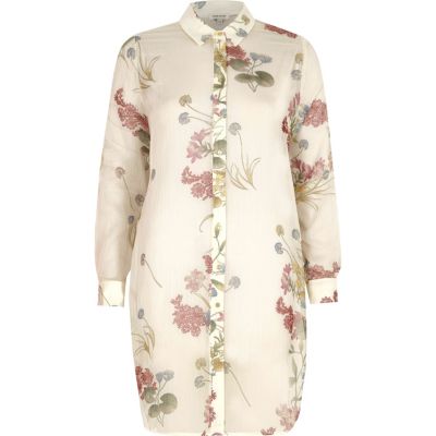 Cream floral print longline chiffon shirt - shirts - tops - women