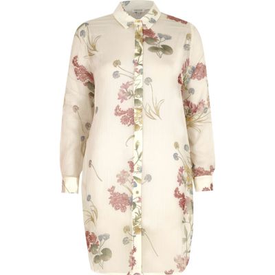 Cream floral print longline chiffon shirt shirts tops women
