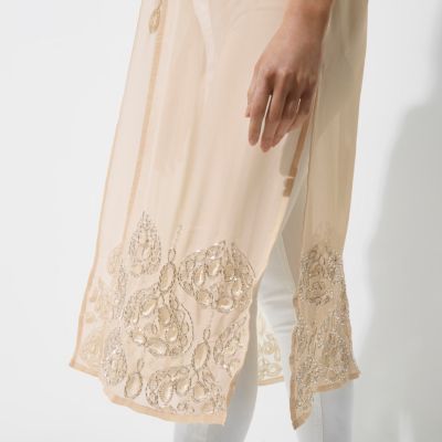 Light cream embellished longline kimono