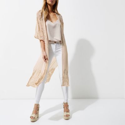 Light cream embellished longline kimono