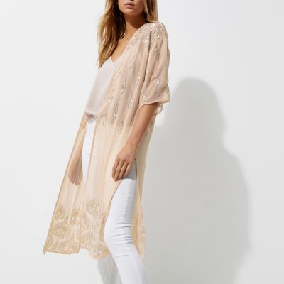Light cream embellished longline kimono