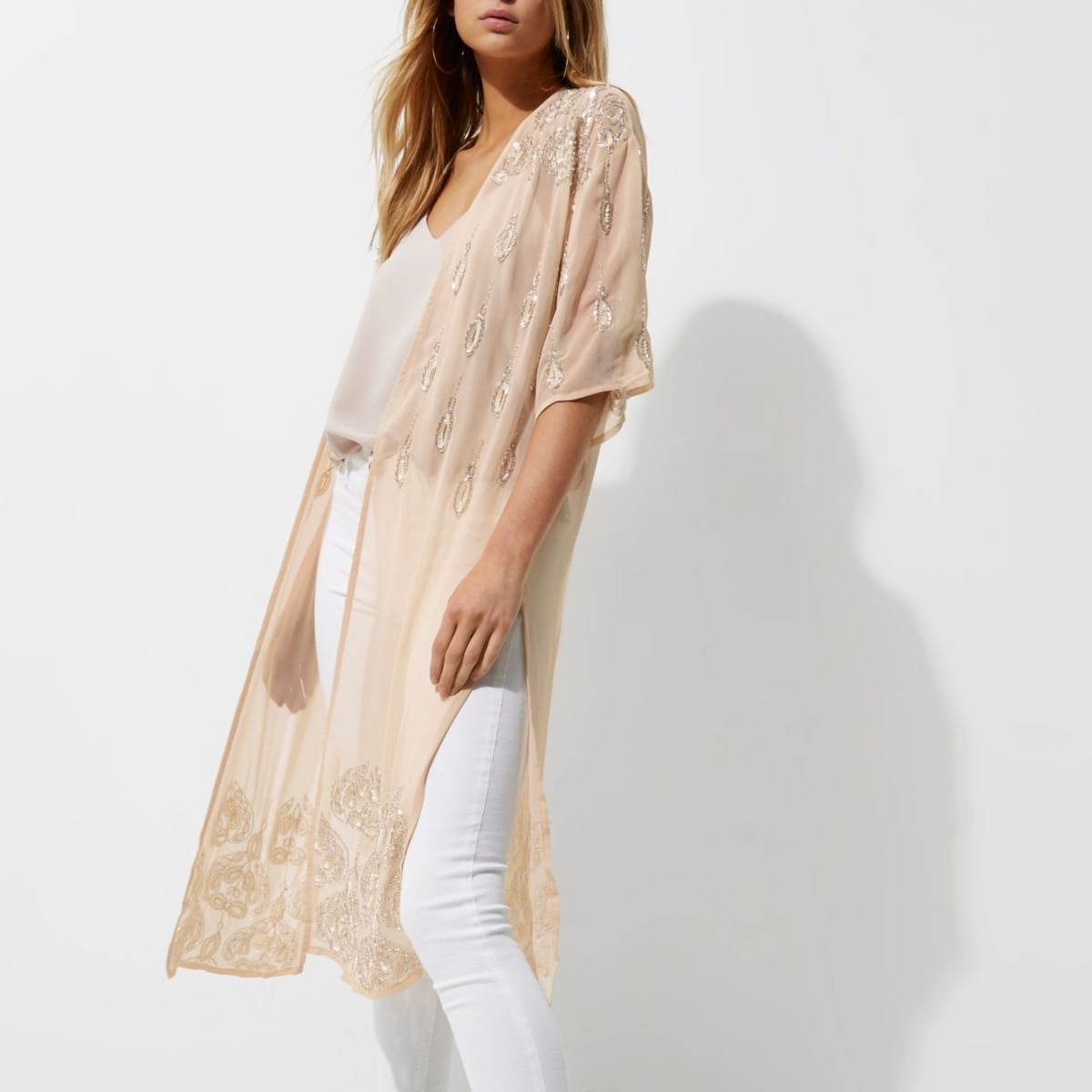 Light cream embellished longline kimono
