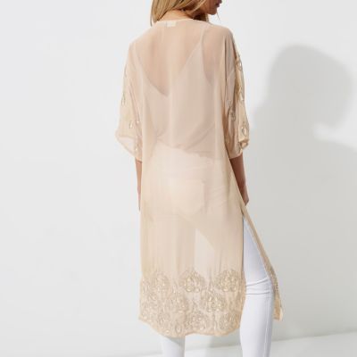 Light cream embellished longline kimono