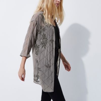 Grey embellished kimono