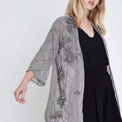 Grey embellished kimono
