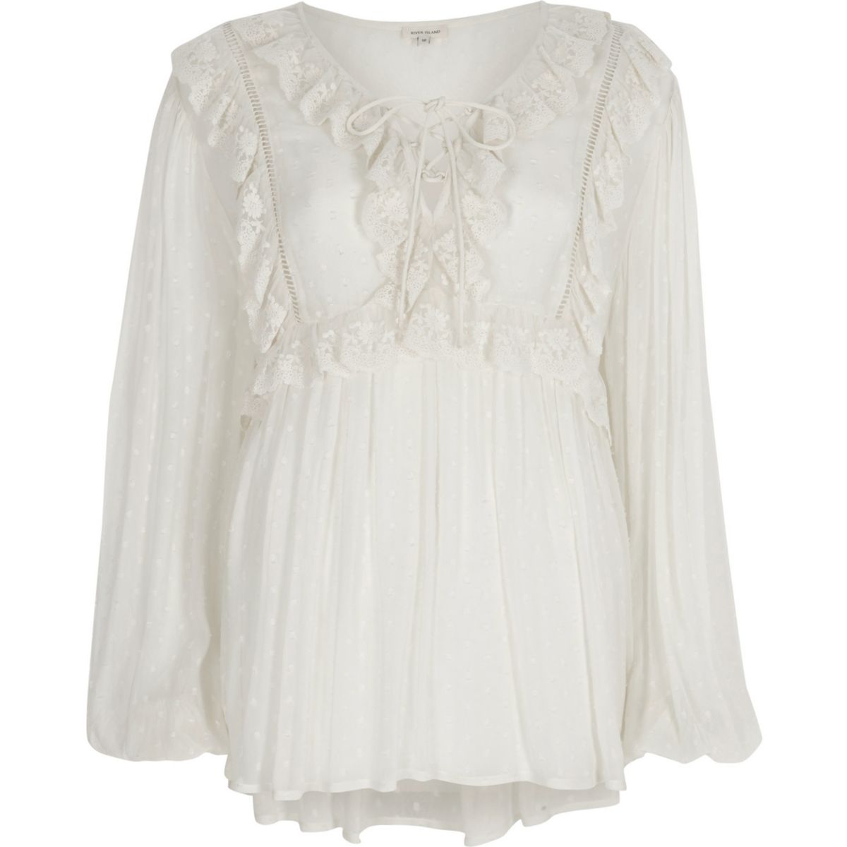 White dobby mesh lace frill top - Tops - Sale - women