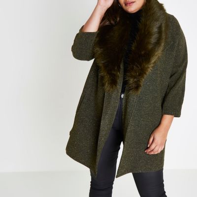 Plus khaki lurex faux fur collar blazer