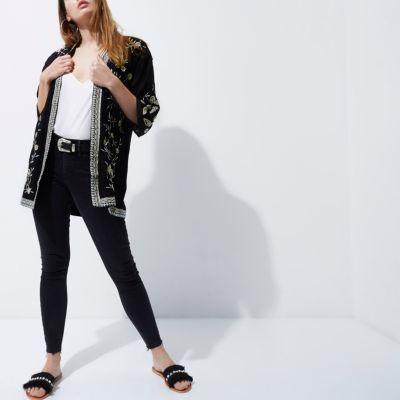 Black embroidered kimono