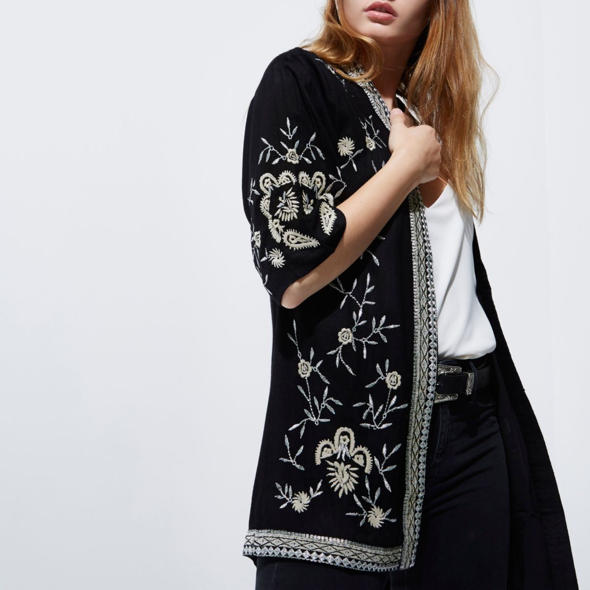 Black embroidered kimono