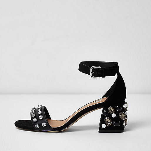 Black rhinestone embellished block heel sandals - sandals - shoes / boots - women