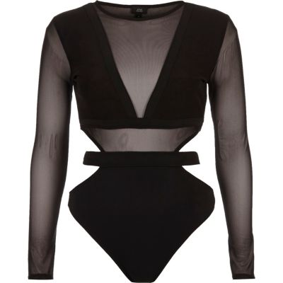 Black mesh long sleeve cut out bodysuit - Going Out Tops - Tops - women