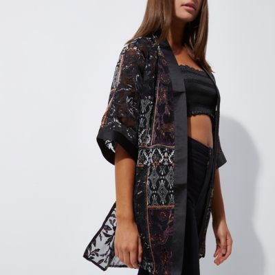 Black burnout floral kimono