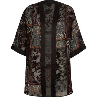 Black burnout floral kimono