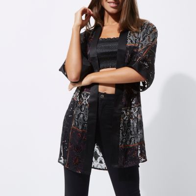 Black burnout floral kimono
