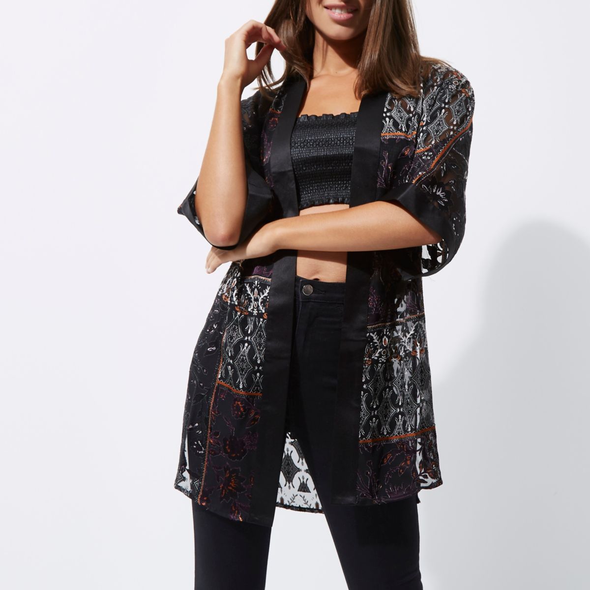 Black burnout floral kimono