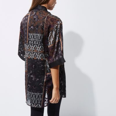 Black burnout floral kimono