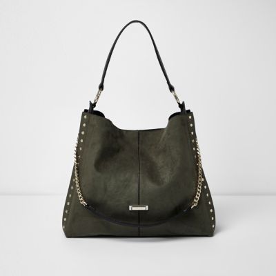 Khaki green studded oversized slouch bag - Bags & Purses - Sale - women