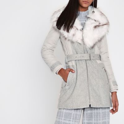 Grey padded wool belted faux fur collar coat