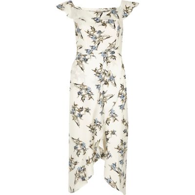 dress midi frill wrap river island bardot floral cream dresses riverisland