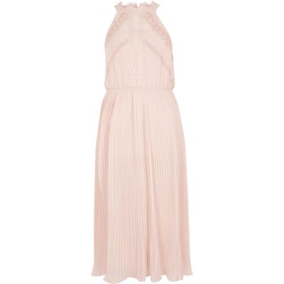 River Island Lichtbeige mouwloze midi-jurk met kant