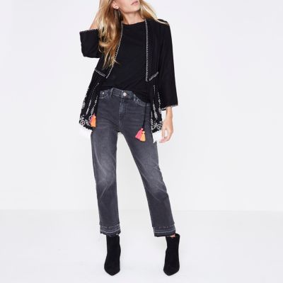 Black embroidered lace hem tassel kimono