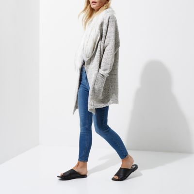 Petite grey fallaway faux fur trim blazer