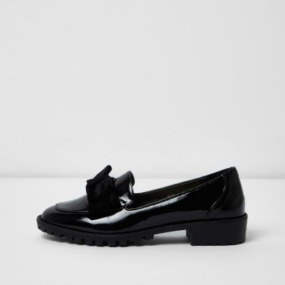 black patent loafers with bow