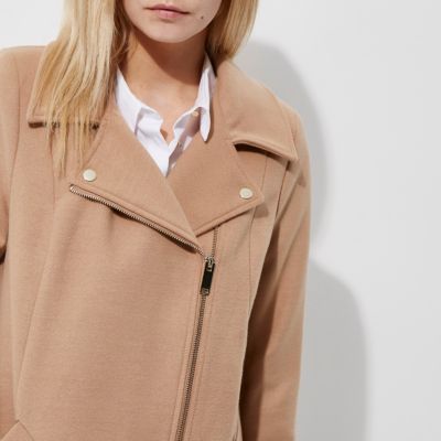 Petite camel faux fur trim biker collar coat - Coats ...