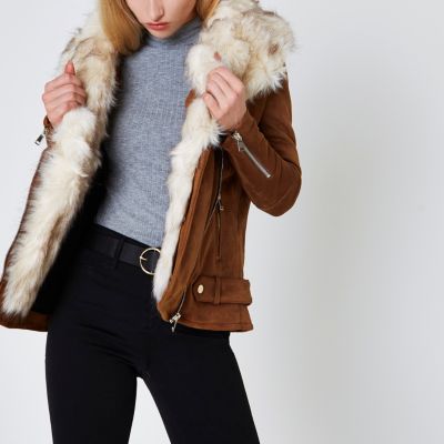 Tan faux fur trim aviator jacket