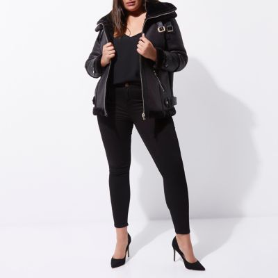 Plus black faux leather aviator jacket