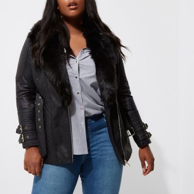 Plus black belted quilted biker collar coat