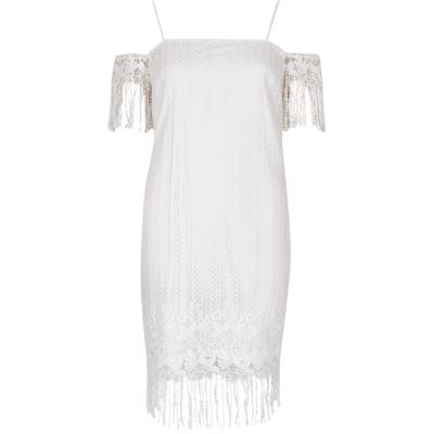 River Island Witte schouderloze kanten slipdress