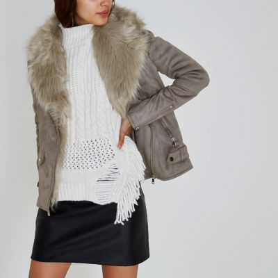 Grey faux fur trim aviator jacket