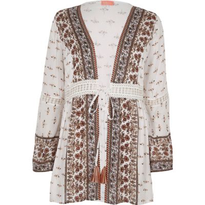 Brown floral print tie front kimono