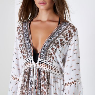 Brown floral print tie front kimono