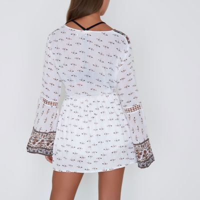 Brown floral print tie front kimono