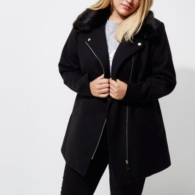 Plus black biker faux fur collar coat